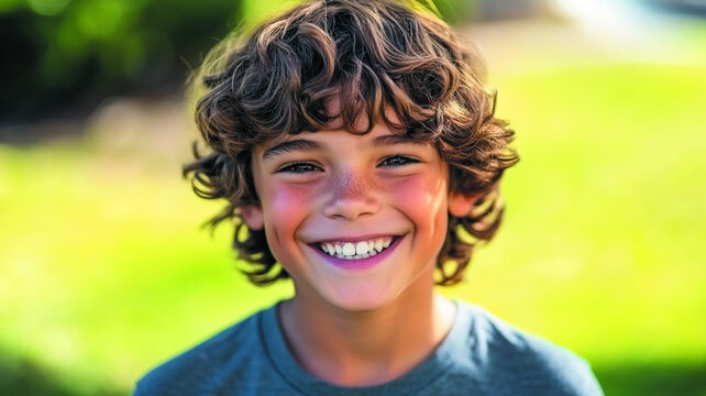 Smiling portrait of a curly-haired boy outdoors on a sunny day, standing in a green field. Bright natural lighting, joyful expression, and cheerful mood capture the essence of childhood happiness.