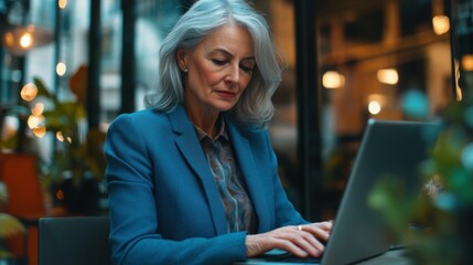 Elegant senior lady in blue blazer typing on laptop at modern workplace. Corporate style concept