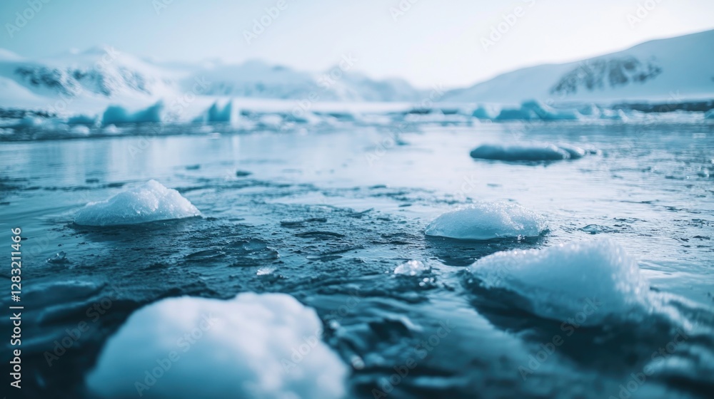Poster group of icebergs floating on the surface of a calm ocean, ideal for use in scenes about climate cha