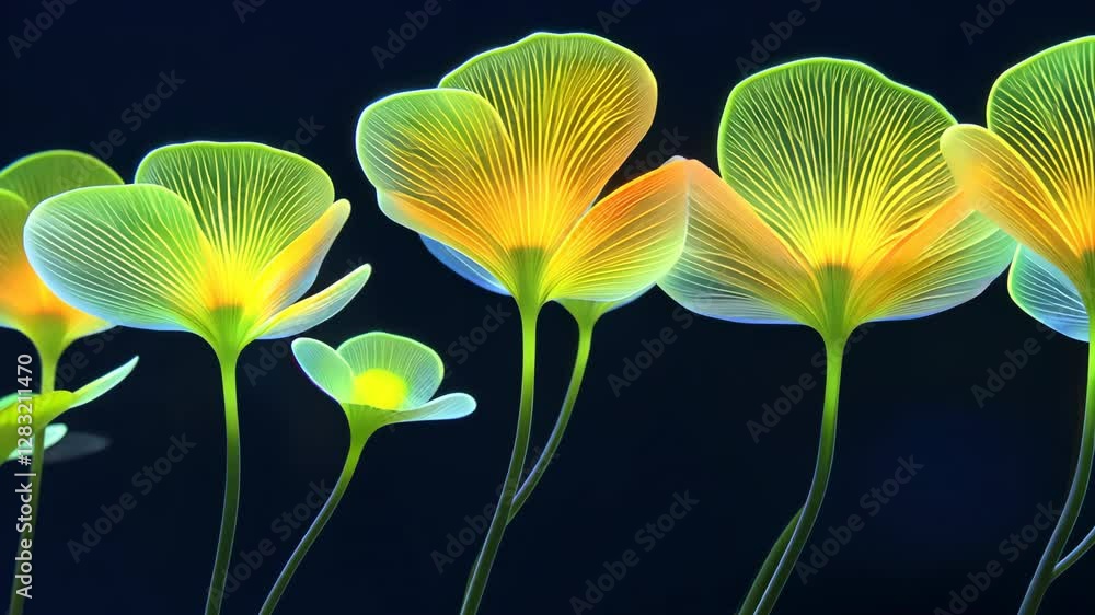 Poster glowing abstract flowers with vibrant green and yellow hues against dark background creating luminou