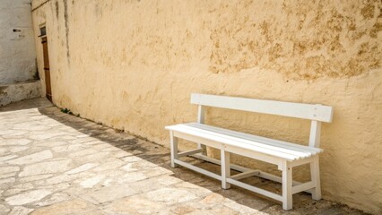 Beige Wall, White Bench, Minimalist Landscape Photography, Simple Background, Textured Wall, Outdoor Scene