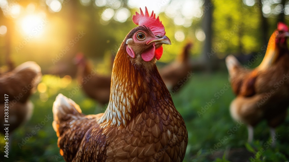 Poster Sunlight filters through trees illuminating a hen in a peaceful farm setting with other chickens nearby. Generative AI