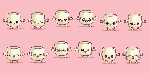 Set of funny marshmallow character in kawaii style with different emotions. Mascot character vector illustration