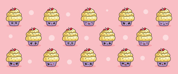 A set of funny cupcakes in kawaii style with different emotions. Mascot character vector illustration