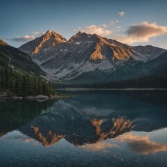 A mesmerizing mountain range reflecting in a glassy lake at dawn.