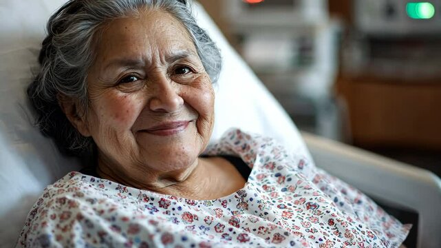 Portrait of a smiling senior Hispanic woman in a hospital bed, generative AI
