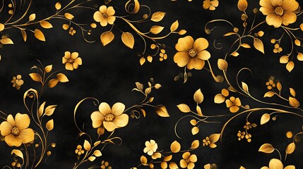 A seamless floral pattern with radiant gold and bronze botanical silhouettes, softly glowing on a deep black background. Ornate vines twist elegantly,