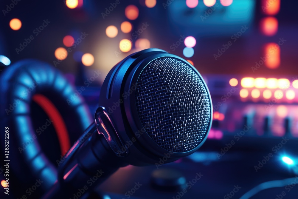 Poster a microphone sitting on a table with a calm background