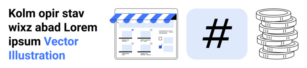 Online storefront facade with website layout, metadata tag on a blue square, and stack of coins symbolize digital marketing, social media, and financial growth. Ideal for e-commerce, online business