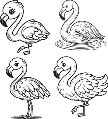 Whimsical Flamingo Illustrations - Black and White Cartoon Art