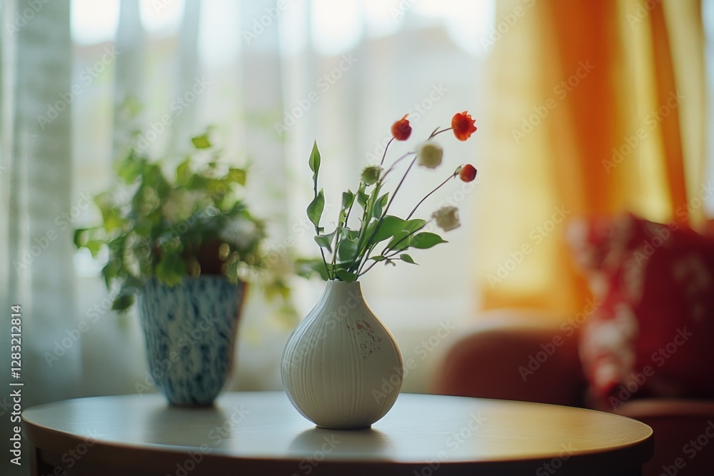 Poster a vase with fresh flowers placed on a table in front of a window