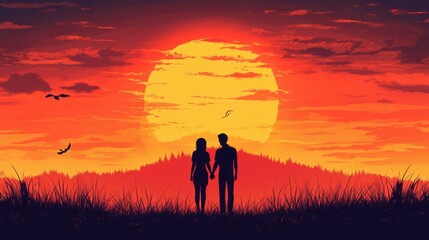 Fototapeta premium Silhouette of happy couple standing, holding hands and watching beautiful sunrise in morning. Romance and love concept.