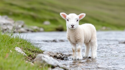 Obraz premium Cute Lamb in a Mountain Stream