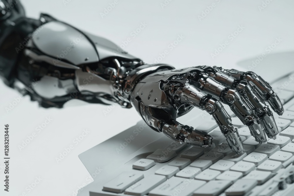 Aufkleber a robotic hand placed on a computer keyboard, suitable for technology and innovation concept images