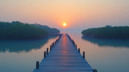 Sunrise on Mangrove Plank Road in Shuidong Bay, Maoming, Guangdong