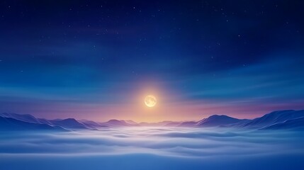 Fototapeta premium Serene Moonlit Landscape Over Gentle Clouds at Dusk with Twilight Colors and Starry Sky