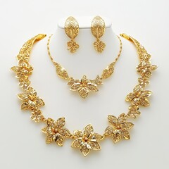 Elegant Gold Floral Necklace and Earrings Jewelry Set on White Backdrop