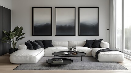 3 large black picture frames on the wall, a living room with a white sofa and coffee table, neutral tones, minimalist decor