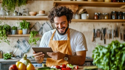 Fototapeta premium A happy male freelancer laughs and uses a tablet in a kitchen setting.