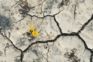 Obraz premium Yellow flowers bloom in cracked earth; resilience in drought