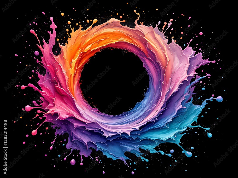 Poster colorful paint vortex artistry on a black canvas creating a dynamic circular abstract expression