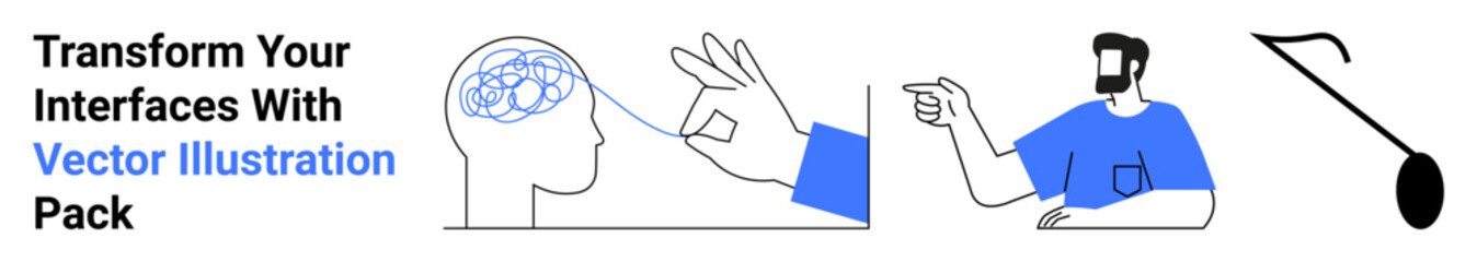 Human brain sketch with hand gesture, bearded man pointing, and abstract shapes in a clean design. Ideal for creativity, innovation, mental health, design, teamwork, communication flat landing page