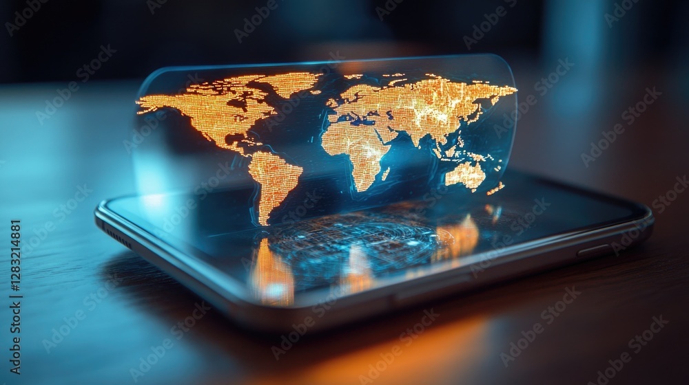 Poster a close-up of a cell phone with a glowing world map displayed on the screen