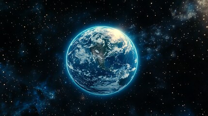 Earth, glowing in space, stars, cosmos.