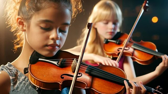 Close-up video shot of two young violinists playing passionately, highlighting their expressions and instruments with a soft focus background.