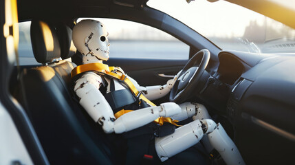 Robot seated inside a car during sunset while wearing a safety harness
