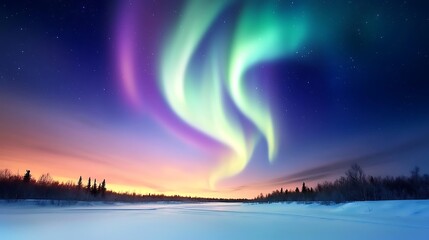 Fototapeta premium Stunning Aurora Borealis Lights Over Calm Frozen River at Twilight in Winter Season