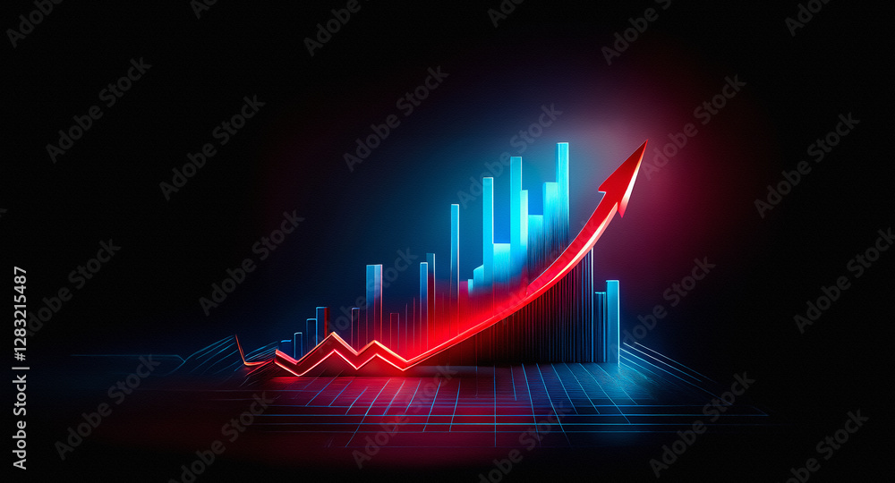 Poster a vibrant red arrow dynamically ascends over illuminated blue columns against a dark backdrop, symbo