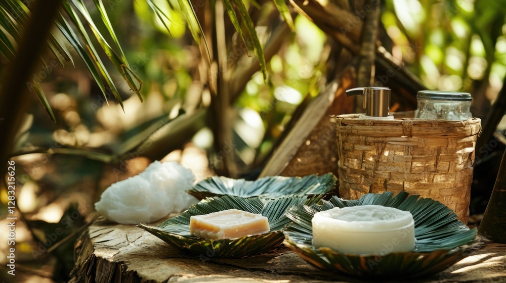 Aufkleber a simple wooden table with two soap bars on top, ready for use