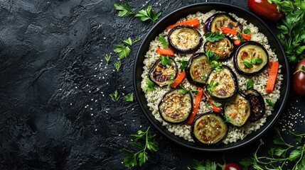 Delicious Grilled Eggplant and Carrot Salad on Dark Background with Rice
