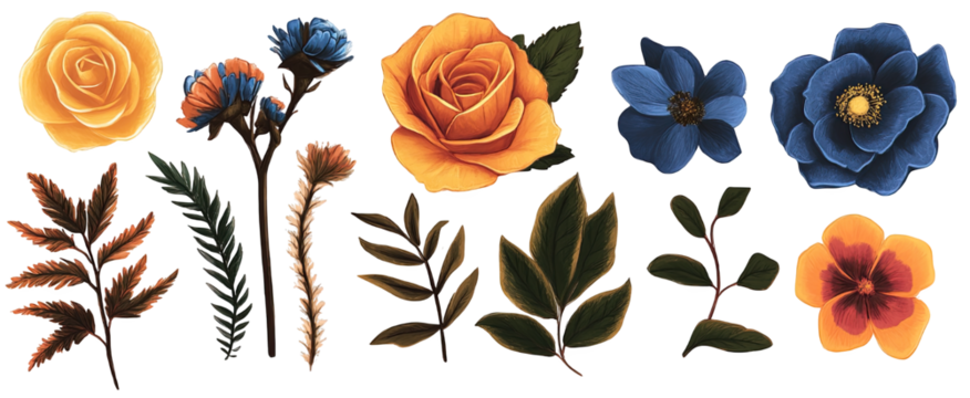 Beautiful floral collection featuring roses, blue flowers, and green leaves in various colors and styles