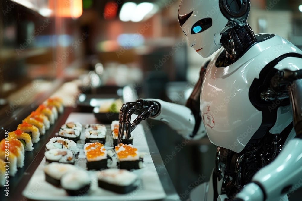 Poster a robot standing next to a tray of sushi, perfect for food or tech-related concepts