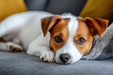 Cute dog laying on couch with cozy throw blanket in warm living room. Generative AI