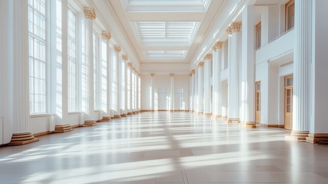 A legislative hall with spacious aisles and high ceilings. Featuring openness and formality