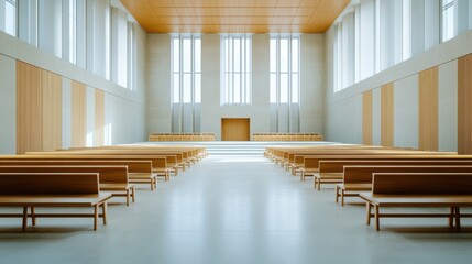 A legislative hall with spacious aisles and high ceilings. Featuring openness and formality