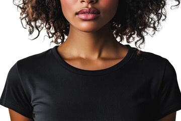 Woman wears a casual black shirt in studio