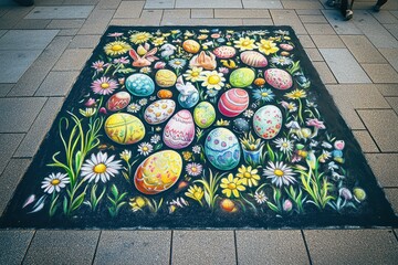 Colorful chalk art of Easter eggs surrounded by flowers on a sidewalk during springtime celebrations