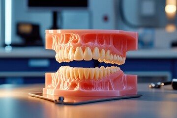 A dental model on a table, suitable for medical and educational purposes