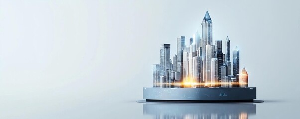 Futuristic city skyline with modern skyscrapers and glowing lights.