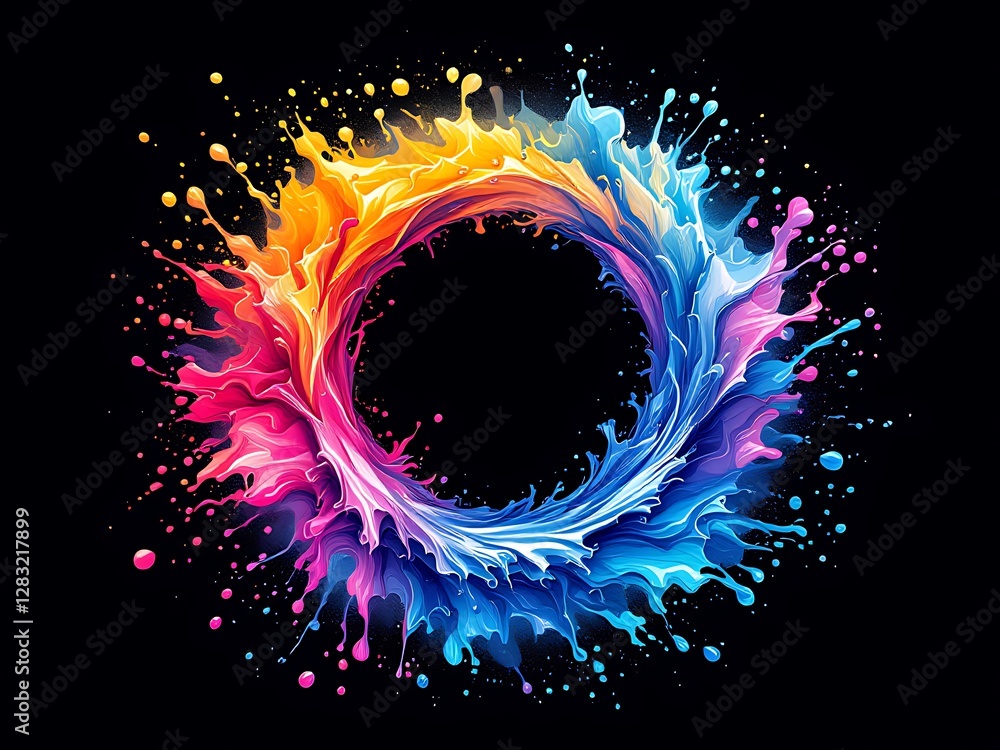 Poster vibrant splashes of color in a circular burst against a dark backdrop creating a dynamic effect