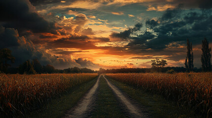 A dirt road leads towards sunset over a field of crops