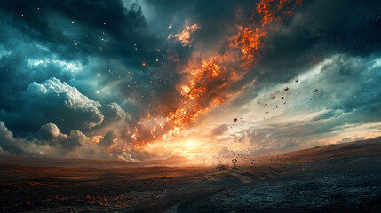 Fototapeta premium A fiery sky covers the surreal landscape with dark clouds