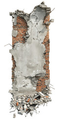 Grey and red brick wall partially demolished, revealing rubble and debris at the bottom against a transparent background.  High contrast and texture