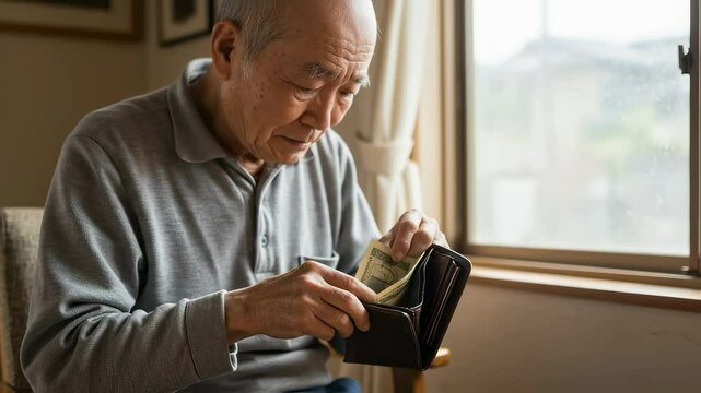 自宅で財布の中身を見て固まるおじいさん