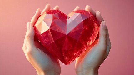 A vibrant red geometric heart held by hands against a soft pink background, ideal for Valentine's Day promotions, love-themed designs, or heartfelt messages.