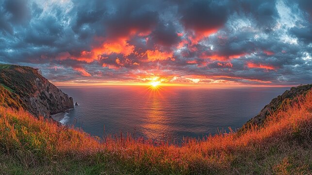 Spectacular coastal sunset with fiery skies and tranquil waters reflecting light